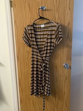 RVCA Striped Wrap Mini Dress in Olive, Brown, White, Pink and Black